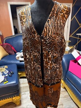 JKS Desigbs Animal Print Sleeveless Long Vest in Brown & Black